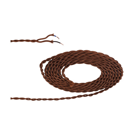 Cavo Twisted Cable, a coiled two-core fabric-braided flex in brown with exposed copper wire ends visible, shown on a plain white background.