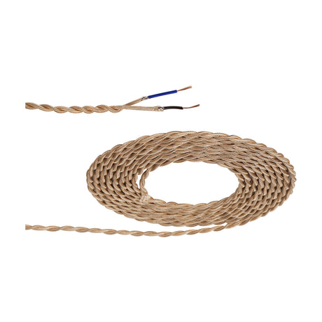 Cavo Twisted Cable coiled in a rose gold fabric braid over twisted two-core flex, with one stripped end showing blue and brown copper conductors, on a plain white background.