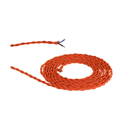 Cavo Twisted Cable, an orange fabric-braided twisted flex coiled on a white background, with one end stripped to show blue and brown cores.