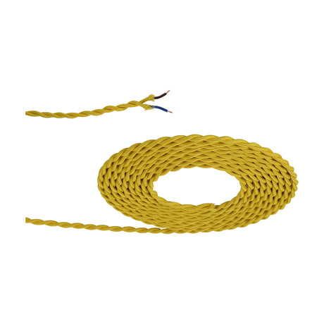 Cavo Twisted Cable in yellow, coiled fabric-braided flex with 5.3mm diameter, one end stripped to show twisted brown and blue conductors, on a plain white background.