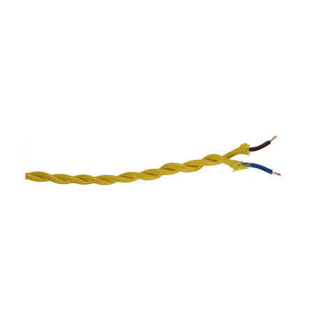 Cavo Twisted Cable in yellow, a fabric-braided two-core flex with twisted conductors and stripped ends showing brown and blue wires, shown on a plain white background.