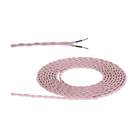 Cavo Twisted Cable in pink, a fabric-braided two-core flex coiled on a white background, with one end stripped to show blue and brown 0.75mm copper conductors.