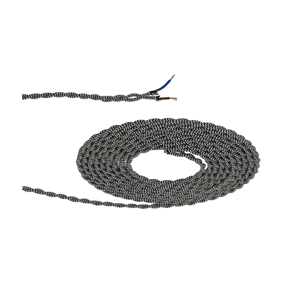 Cavo Wave Stripe Braided Twisted Cable, a coiled 2-core 0.75mm fabric flex in black with white wave pattern, one end stripped to show blue and brown copper cores, on a plain white background.