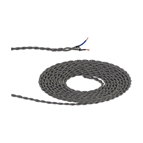 Cavo Wave Stripe Braided Twisted Cable, a coiled 2-core 0.75mm fabric flex in black with white wave pattern, one end stripped to show blue and brown copper cores, on a plain white background.