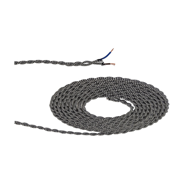 Cavo Wave Stripe Braided Twisted Cable, a coiled 2-core 0.75mm fabric flex in black with white wave pattern, one end stripped to show blue and brown copper cores, on a plain white background.