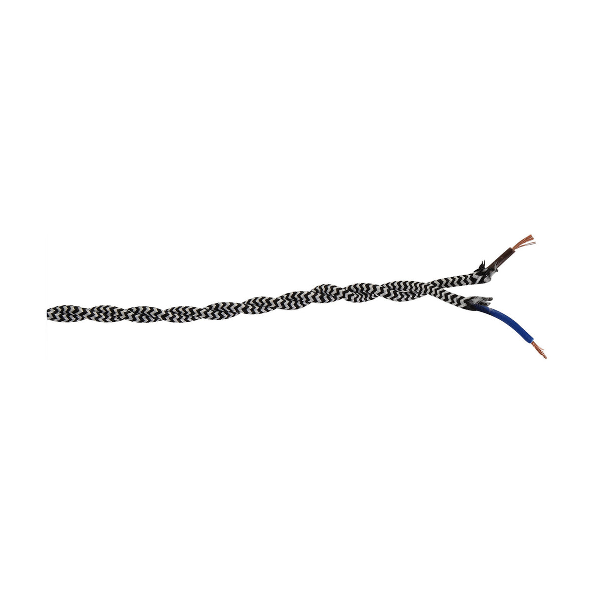 Cavo Wave Stripe Braided Twisted Cable, 2-core 0.75mm black and white fabric flex with exposed copper wires and blue sleeving at the stripped end, shown on a plain white background.