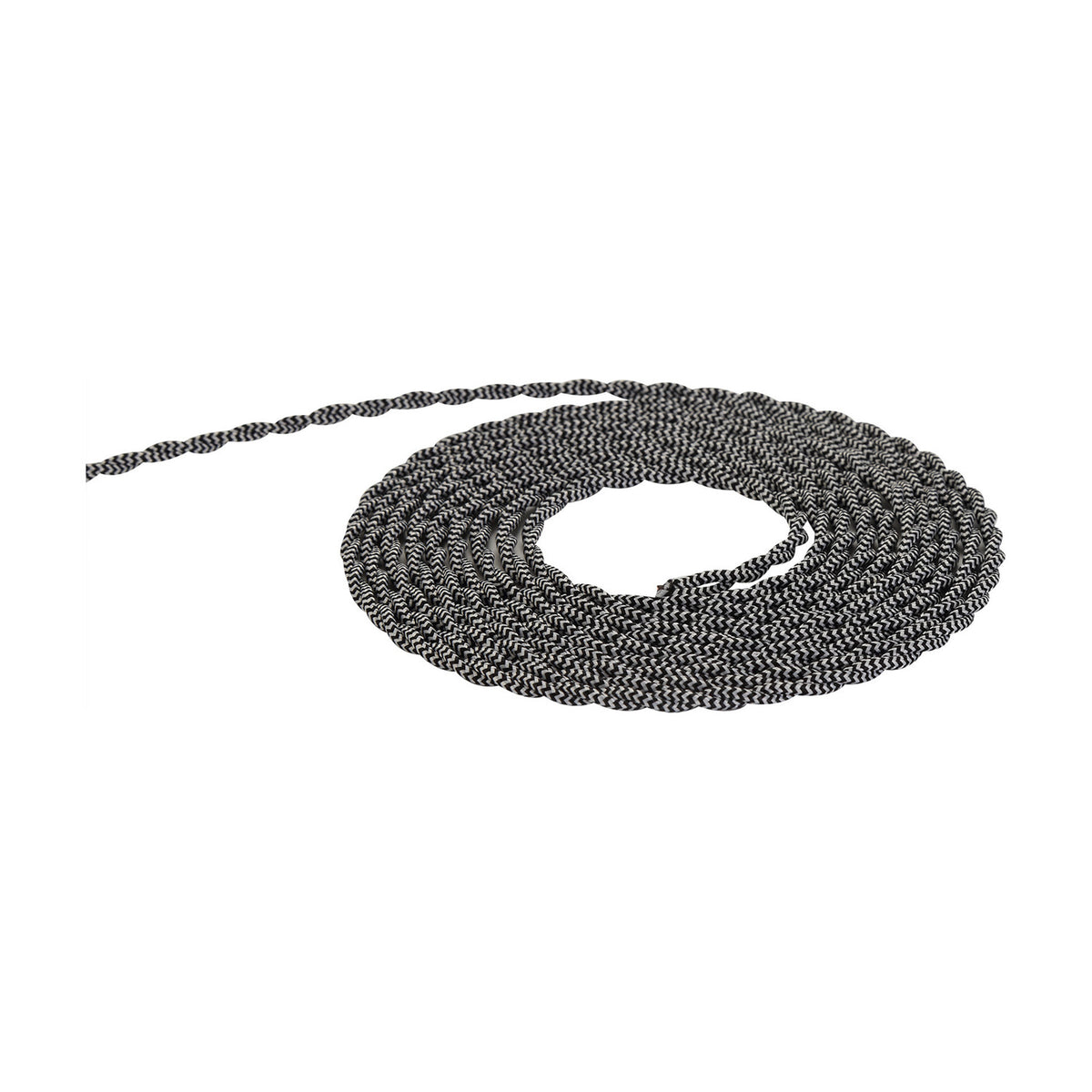 Cavo Wave Stripe braided twisted cable, 2 core 0.75mm, black fabric flex with white wave pattern, coiled on a plain white background.