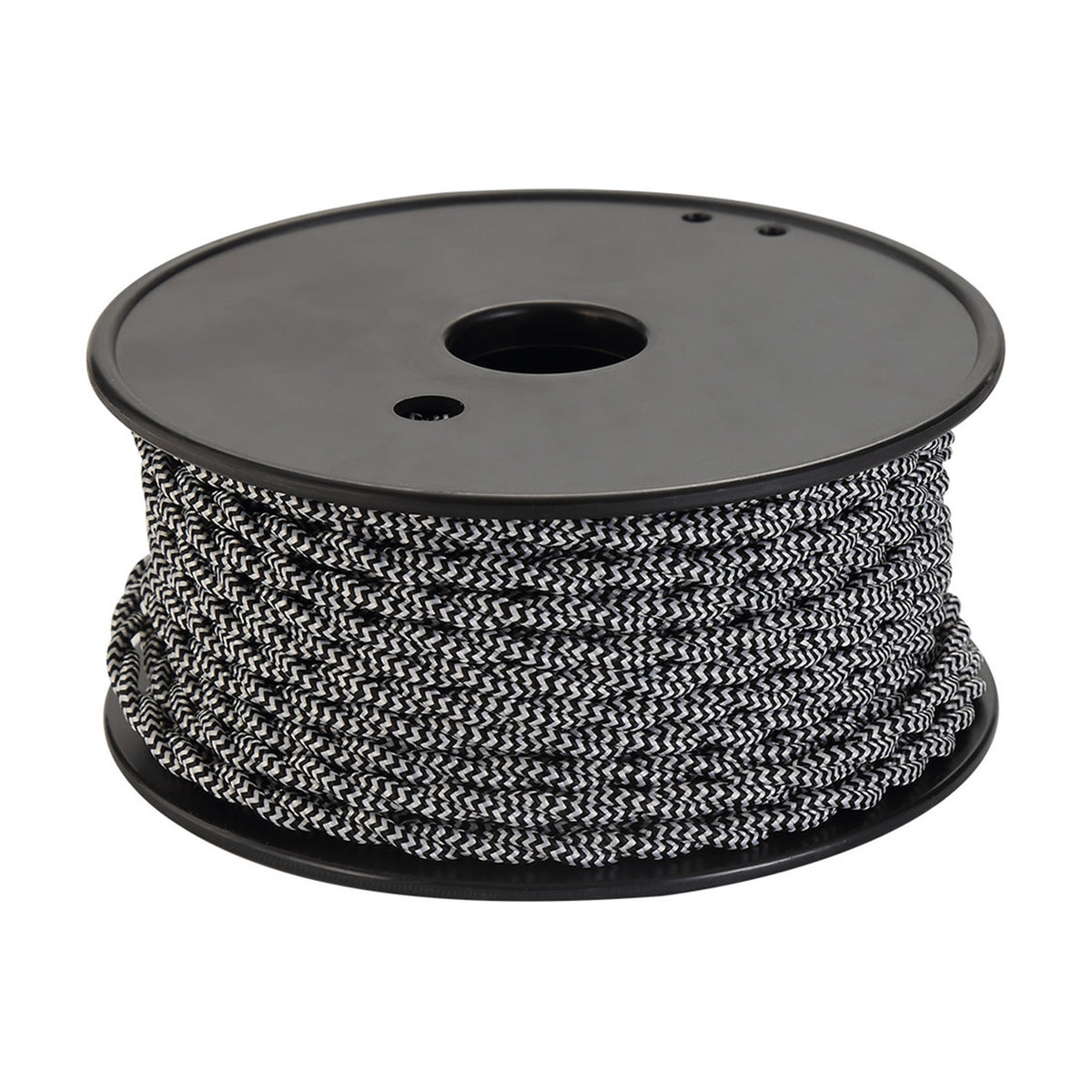 Cavo Wave Stripe Braided Twisted Cable, 2 core 0.75mm black and white fabric flex wound on a black plastic spool, shown on a plain white background.