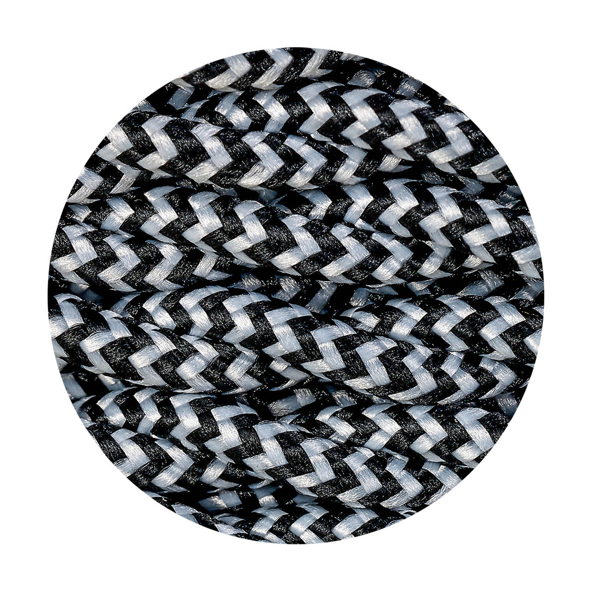 Close-up of Cavo Wave Stripe Braided Twisted Cable, a fine 2-core fabric flex in black with a white wave pattern spiralling along its tightly woven twisted cores.