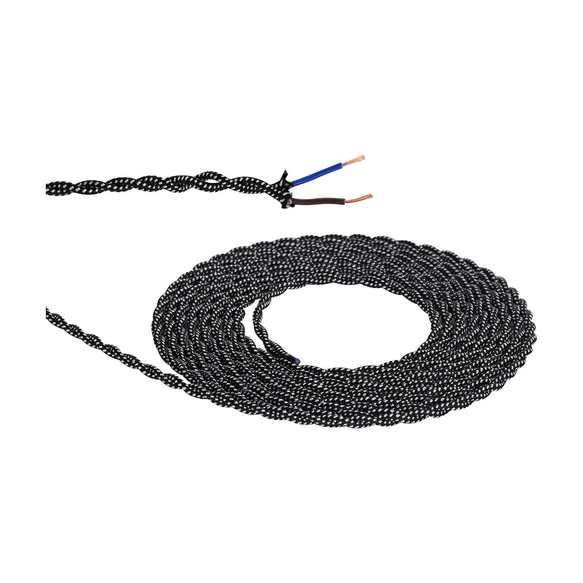 Coiled Cavo braided twisted flex cable in black and white weave with 2 core 0.75mm copper conductors exposed at one stripped end, shown on a white background.