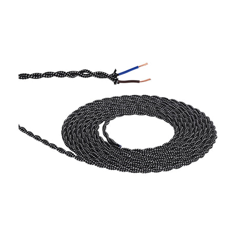 Coiled Cavo braided twisted flex cable in black and white weave with 2 core 0.75mm copper conductors exposed at one stripped end, shown on a white background.