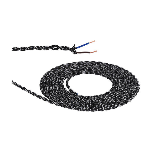 Coiled Cavo braided twisted flex cable in black and white weave with 2 core 0.75mm copper conductors exposed at one stripped end, shown on a white background.