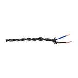 Cavo Spot braided twisted flex cable in black and white fabric weave, stripped end showing blue and brown 0.75mm copper cores, on a plain white background.