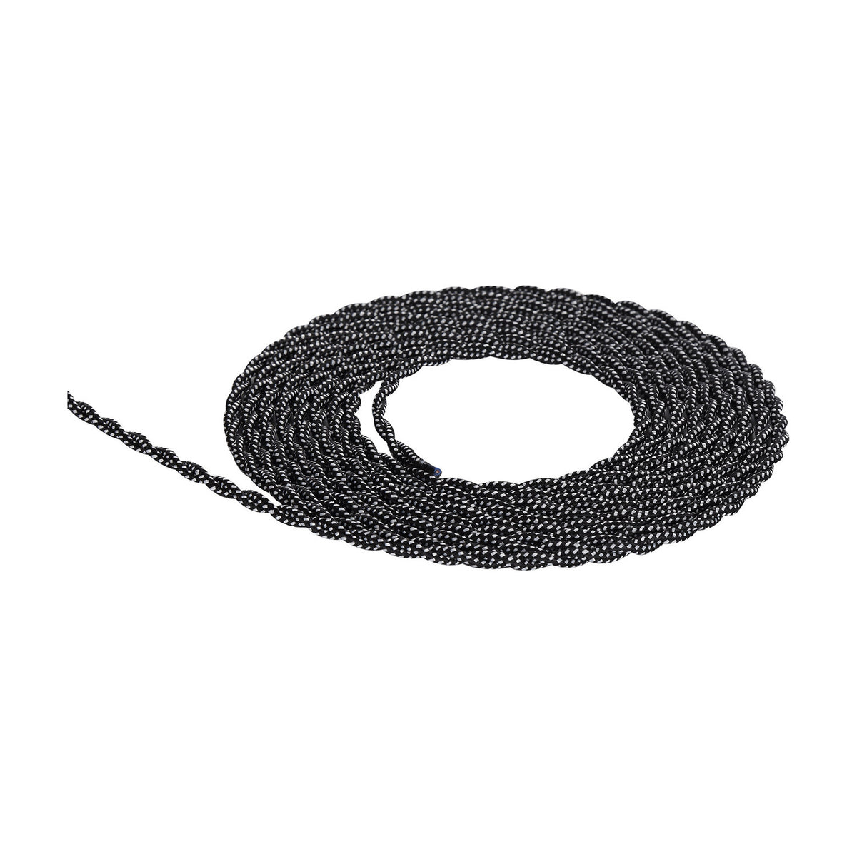 Cavo Spot braided twisted flex cable coiled on a white background, showing a black and white two-core fabric weave with one end unravelled to reveal twisted copper conductors.