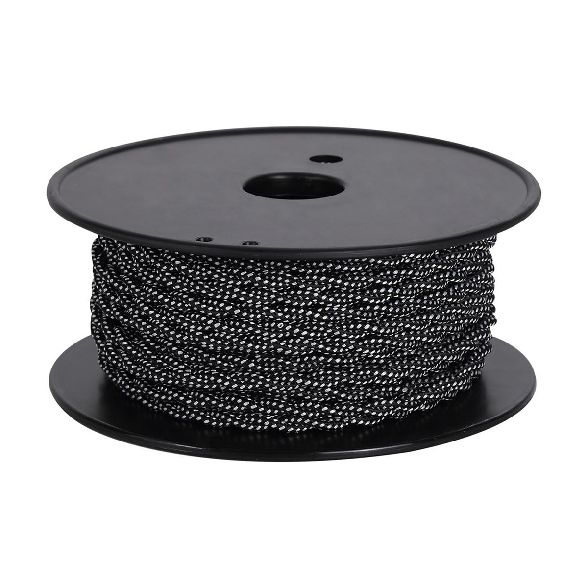Spool of Cavo braided twisted copper cable, 2 core 0.75mm, black and white fabric weave on a black reel against a plain white background.