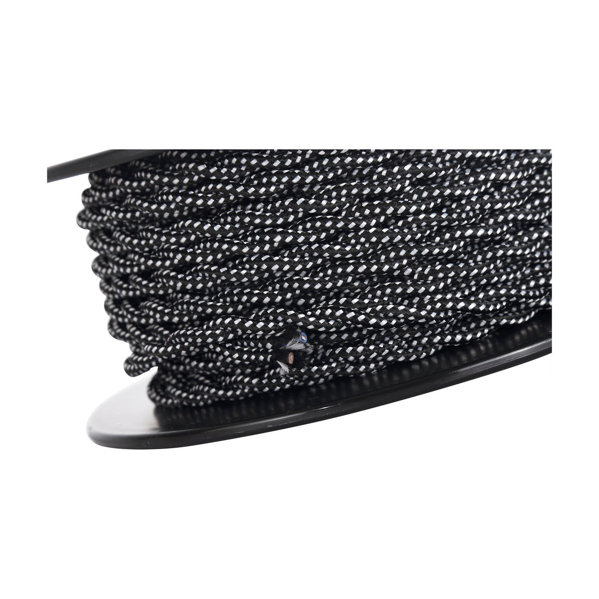 Cavo braided twisted flex cable wound on a spool, showing black and white woven fabric texture with 2-core 0.75mm copper conductor, on a plain background.