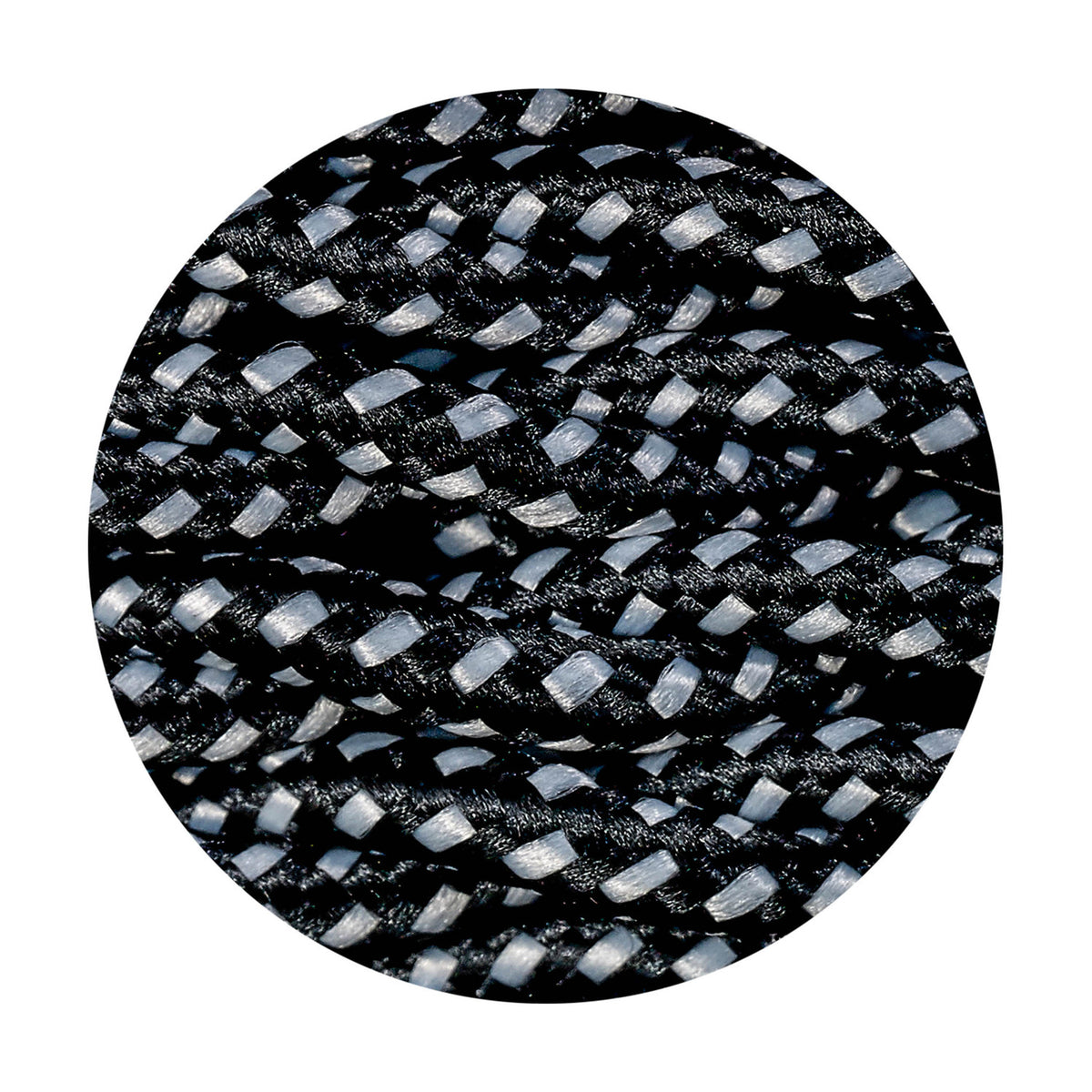 Close-up of Cavo Spot braided twisted copper flex cable, 2 core 0.75mm, showing black and white woven fabric texture in a fine barber-stripe pattern.
