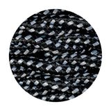 Close-up of Cavo Spot braided twisted copper flex cable, 2 core 0.75mm, showing black and white woven fabric texture in a fine barber-stripe pattern.