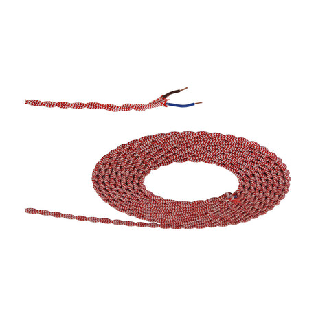Cavo Twisted Cable, 5.3mm dia red and white braided fabric flex coiled on white background, with one stripped end showing brown and blue copper conductors.