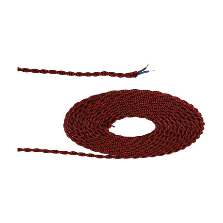Cavo Twisted Cable, 5.3mm braided flex in red and black woven stripe, coiled with one stripped end showing exposed copper wires, on a plain white background.