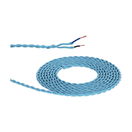 Cavo Twisted Cable 5.3mm, coiled fabric-braided flex in blue and white wave stripe pattern, with stripped ends showing twisted copper cores, on a plain white background.