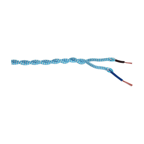 Cavo Twisted Cable, a blue and white wave-striped fabric braided flex with twisted copper cores, ends stripped and marked black and blue, shown on a plain white background.