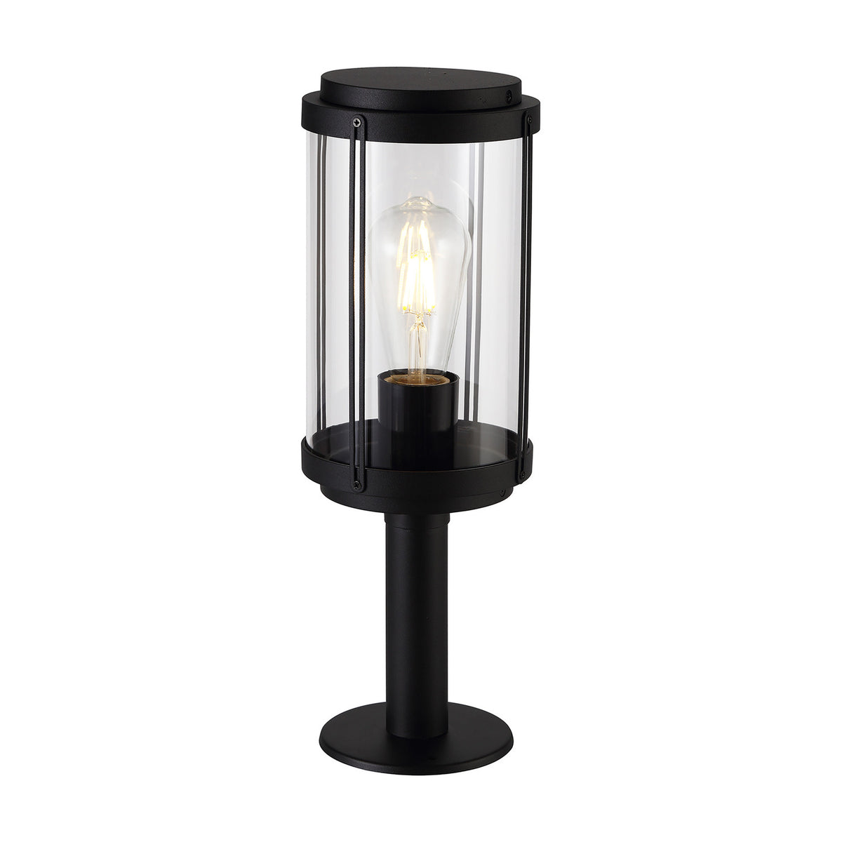 Reva IP44 E27 lamp post light with black aluminium body and clear polycarbonate cylindrical head, lit ST64 bulb visible, on a round pedestal base, plain white background.