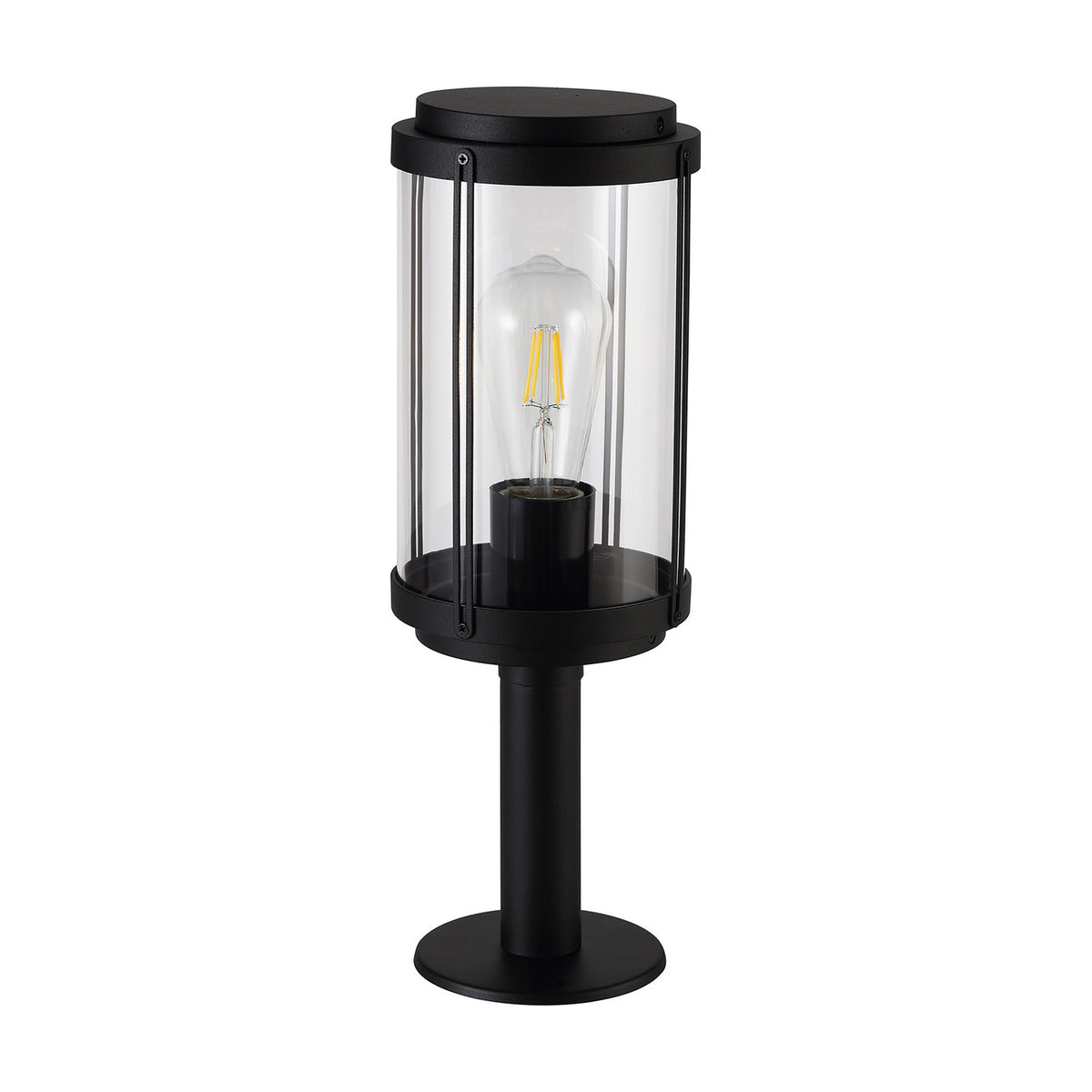 Reva IP44 E27 lamp post light with a black aluminium body, clear polycarbonate cylindrical head, and pedestal base, shown with an ST64 bulb on a plain white background.