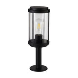 Reva IP44 E27 lamp post light with a black aluminium body, clear polycarbonate cylindrical head, and pedestal base, shown with an ST64 bulb on a plain white background.