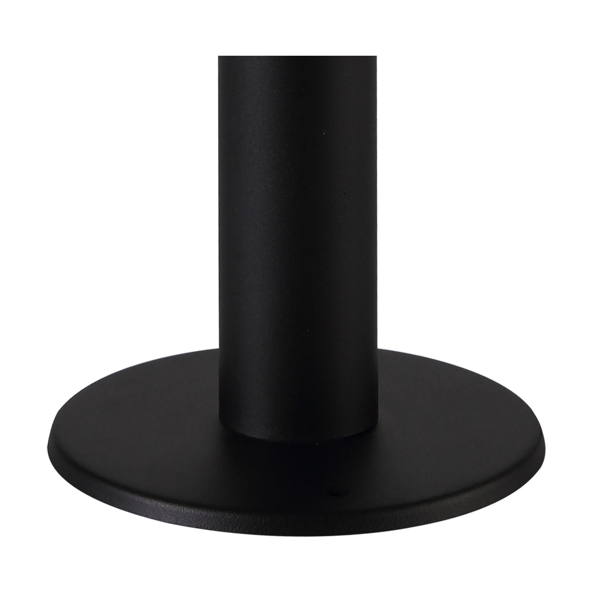 Reva IP44 E27 lamp post in black aluminium, close-up of the cylindrical body and round base, 14cm diameter, on a plain white background.