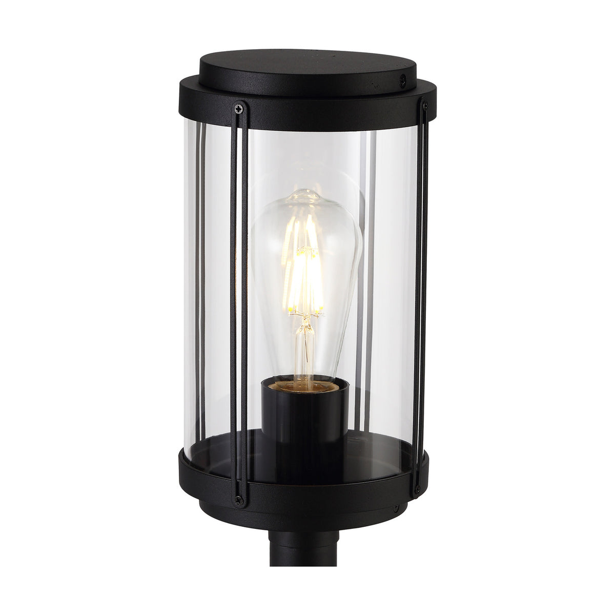 Reva IP44 E27 lamp post light in black aluminium with a cylindrical clear polycarbonate head, shown with a warm ST64 globe bulb lit inside on a white background.