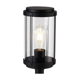 Reva IP44 E27 lamp post light in black aluminium with a cylindrical clear polycarbonate head, shown with a warm ST64 globe bulb lit inside on a white background.