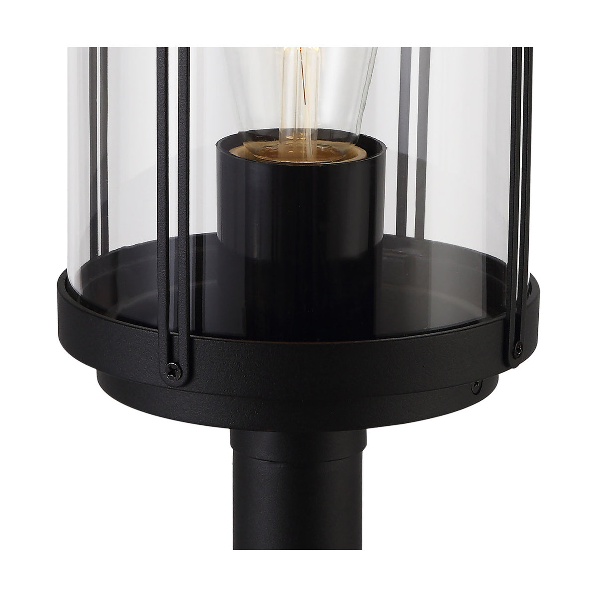 Close-up of the Reva IP44 E27 lamp post head in black aluminium with a clear polycarbonate cylinder, vertical bar detailing, and an exposed bulb, shown on a white background.