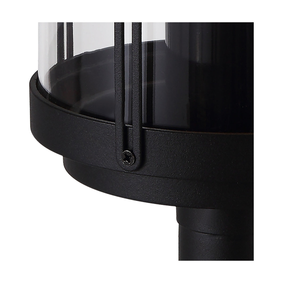 Close-up of the Reva IP44 E27 lamp post head in black aluminium with a clear polycarbonate cylinder, cage-style bars and a visible fixing screw on a white background.