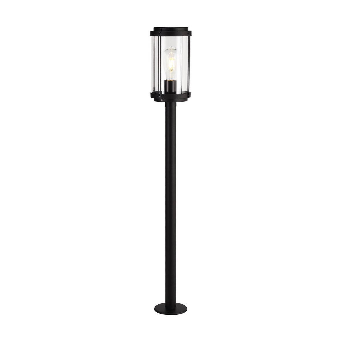 Reva IP44 E27 lamp post in black, 100cm tall with a slim round pole and a clear polycarbonate lantern head housing a single exposed bulb, shown on a plain white background.