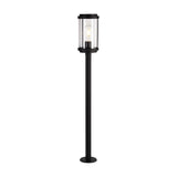 Reva IP44 E27 lamp post in black, 100cm tall with a slim round pole and a clear polycarbonate lantern head housing a single exposed bulb, shown on a plain white background.
