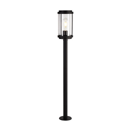 Reva IP44 E27 lamp post in black, 100cm tall with a slim round pole and a clear polycarbonate lantern head housing a single exposed bulb, shown on a plain white background.