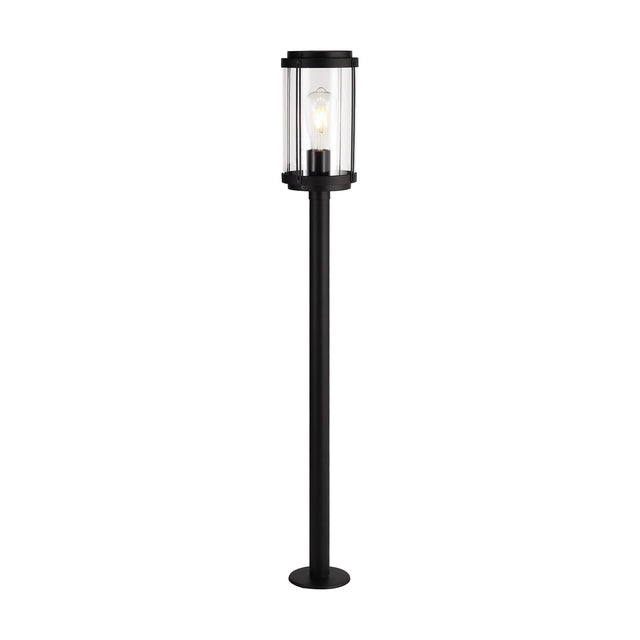 Reva IP44 E27 lamp post in black, 100cm tall with a slim round pole and a clear polycarbonate lantern head housing a single exposed bulb, shown on a plain white background.