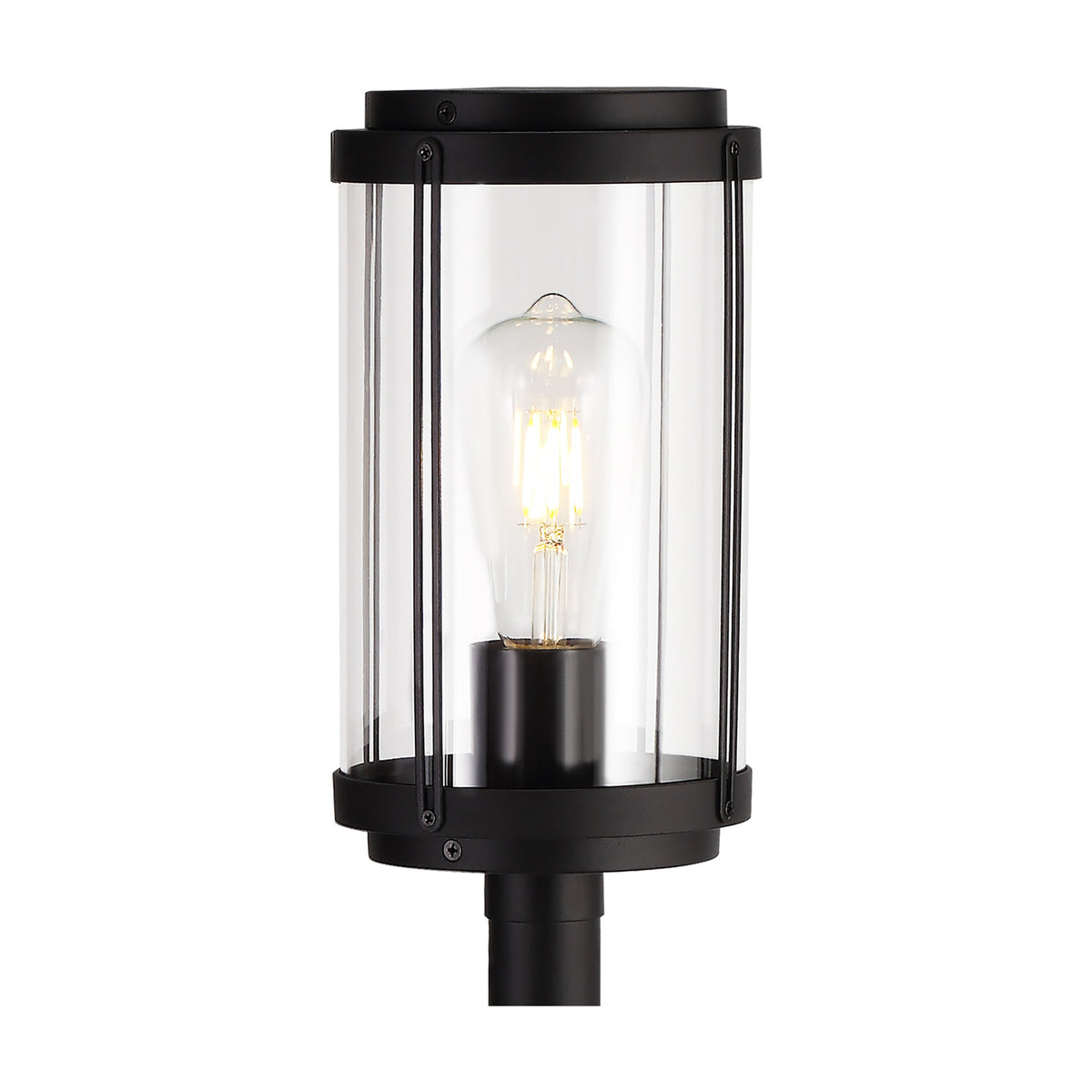 Reva IP44 E27 Lamp Post in black with a cylindrical clear polycarbonate diffuser, vertical bar details, and a lit ST64 filament bulb, shown against a plain white background.