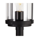 Close-up of the Reva IP44 E27 lamp post head in black aluminium with a clear polycarbonate cylindrical diffuser, vertical wire cage detail, and visible E27 bulb, on a white background.