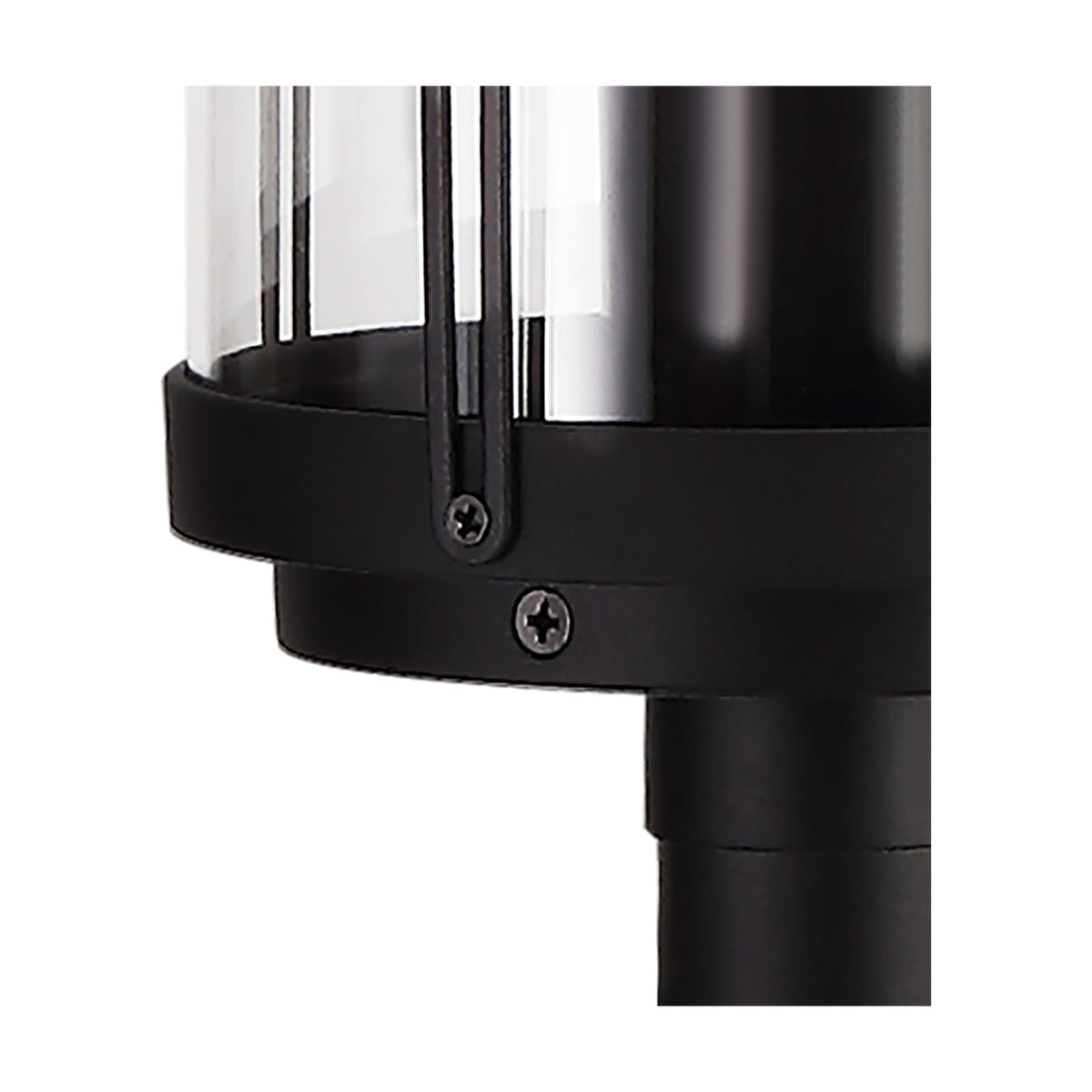 Close-up of the Reva IP44 E27 lamp post in black, showing the clear polycarbonate diffuser with vertical ribs, black cap with screws, and coupling to the pole against a white background.