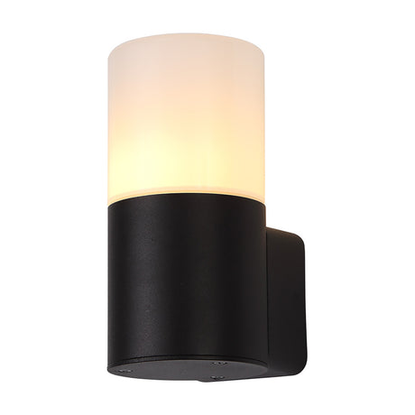 Prado E27 IP44 wall light, 17cm high, with a black cylindrical aluminium base and an opal white polycarbonate shade lit from within, shown on a plain white background.