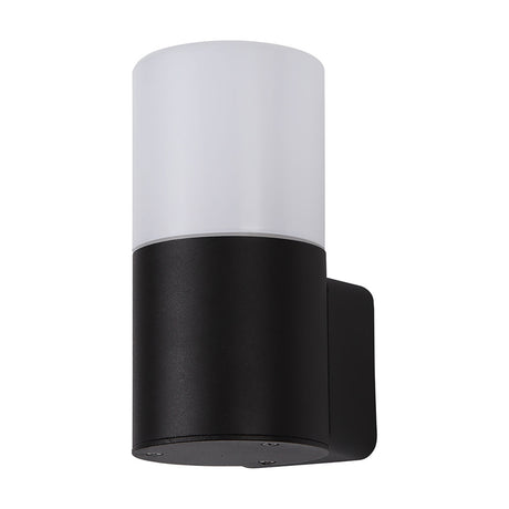 Prado E27 IP44 wall light in black, 17cm high, cylindrical design with an opal white shade and black aluminium base, shown on a plain white background.
