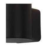 Close-up of the Prado E27 IP44 wall light in black, showing the cylindrical aluminium body with base mounting plate and visible fixing screws.