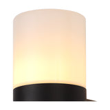 Close-up of the Prado E27 IP44 wall light in black, showing the cylindrical opal white shade above the compact black aluminium base, on a plain white background.