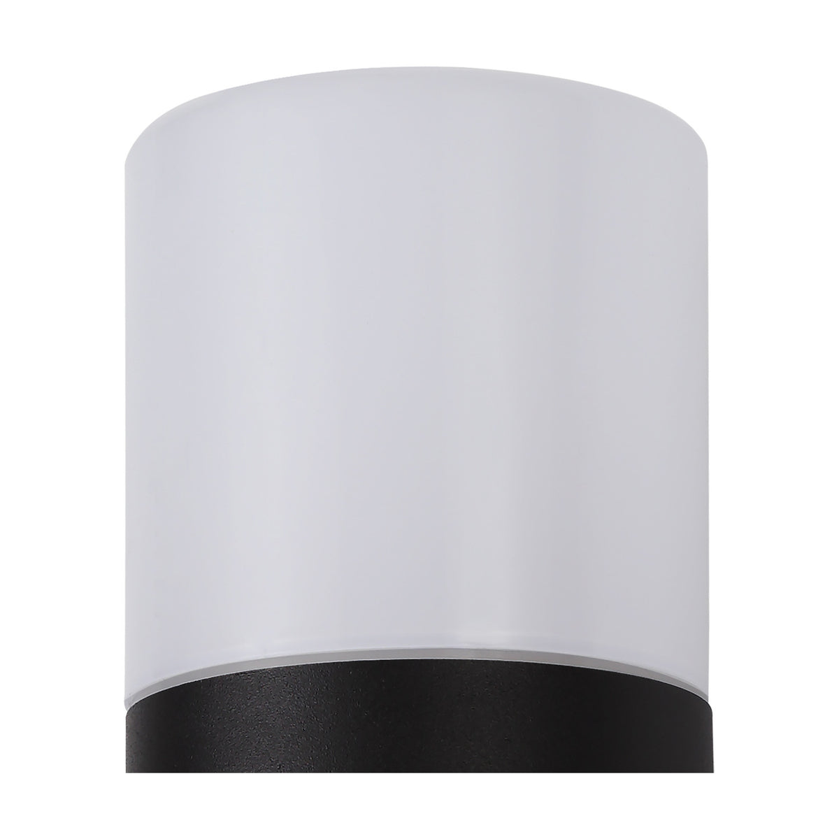 Close-up of the Prado E27 IP44 wall light in black, showing the cylindrical opal white shade and black base against a plain white background.