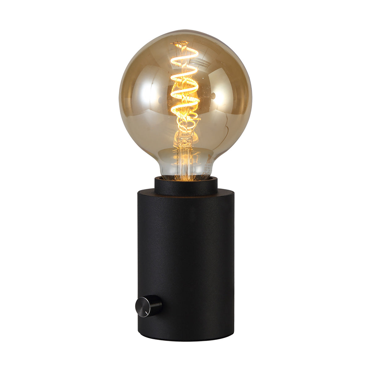 Delp E27 Table Lamp in sand black, a compact cylindrical base with rotary dimmer, holding an amber globe bulb with visible spiral filament on a plain white background.