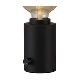 Delp E27 Table Lamp 70mm in sand black, a compact cylindrical base in matte black iron with a rotary dimmer knob, shown with an exposed globe bulb on a white background.