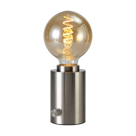 Delp E27 Table Lamp in satin nickel, a compact 70mm cylindrical base with rotary dimmer and E27 globe bulb, shown on a plain white background.