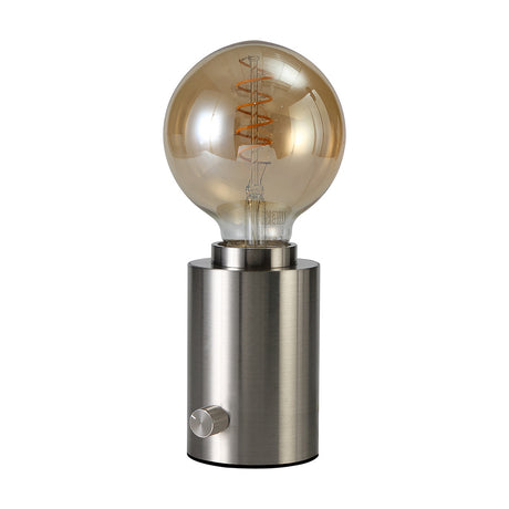 Delp E27 Table Lamp with satin nickel cylindrical base, rotary dimmer control, and exposed globe bulb with visible spiral filament, on a plain white background.